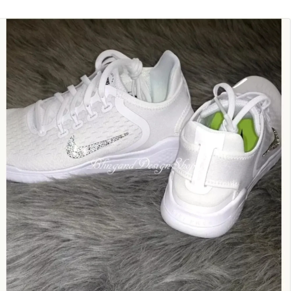 Bling Nike Free RN 2018 White Sneakers Customized with Crystal Rhinestones